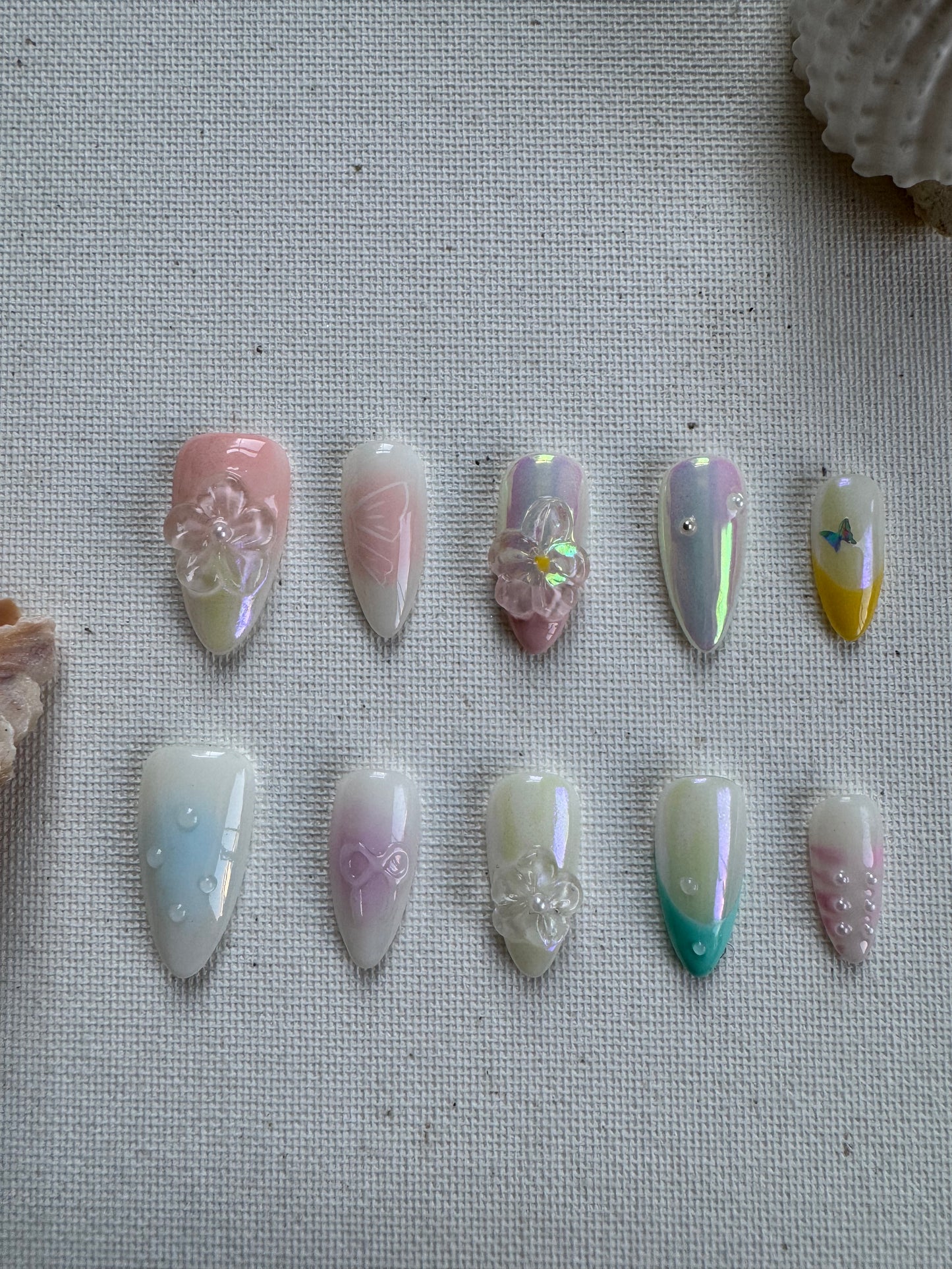 Crystal Bloom – Pink & White Transparent Press-On Nails with 3D Floral Art