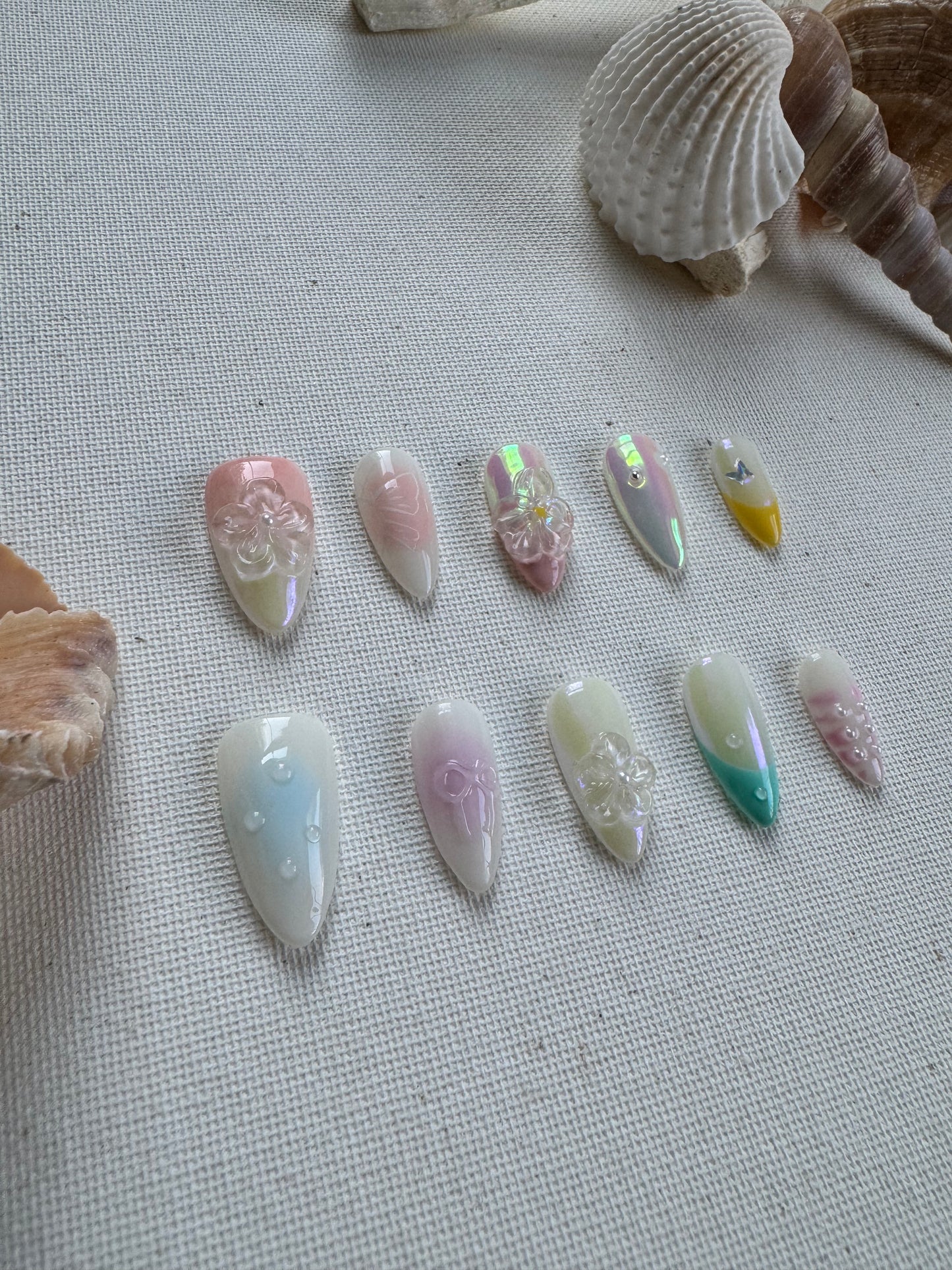 Crystal Bloom – Pink & White Transparent Press-On Nails with 3D Floral Art