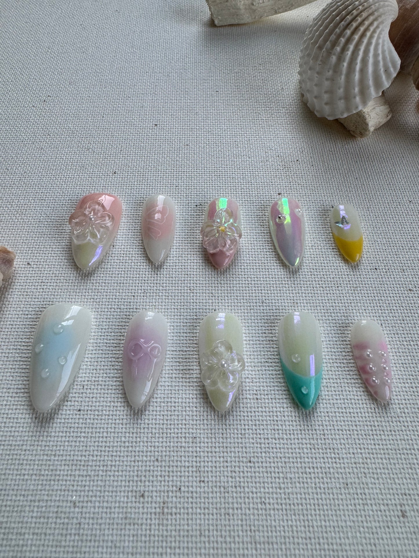 Crystal Bloom – Pink & White Transparent Press-On Nails with 3D Floral Art