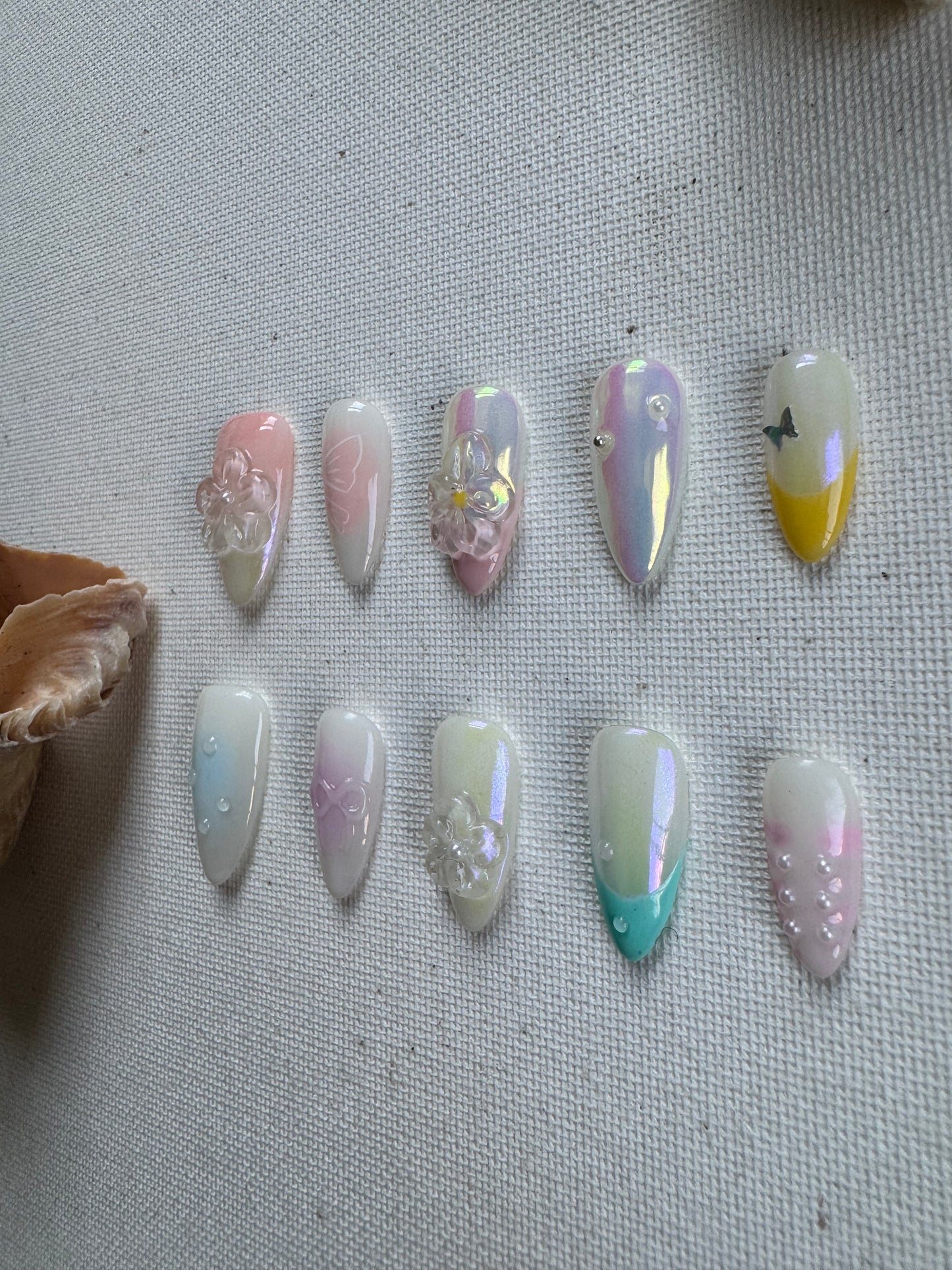 Crystal Bloom – Pink & White Transparent Press-On Nails with 3D Floral Art