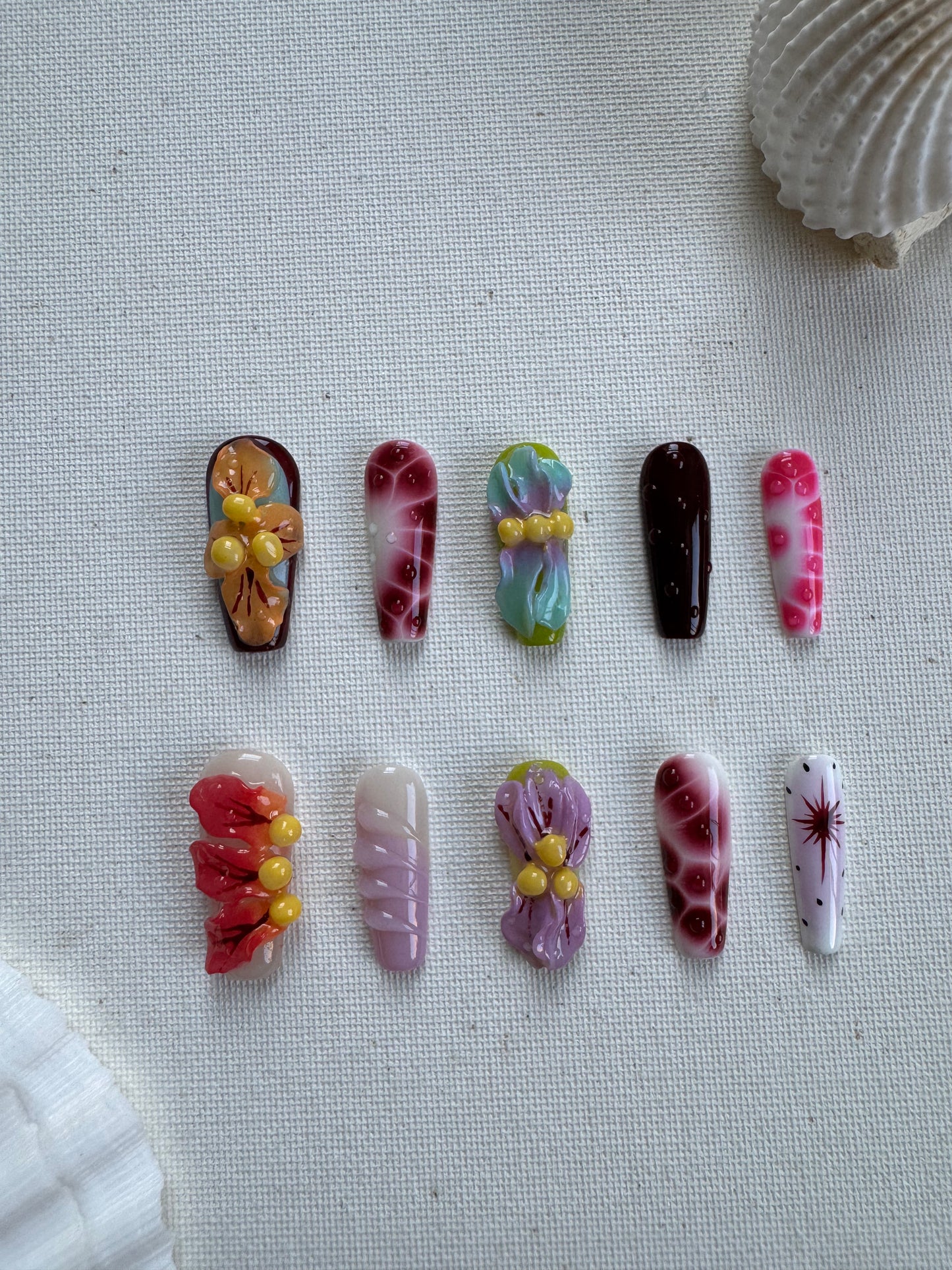 Carnival Flora – 3D Hand-Sculpted Floral Press-On Nails in Vibrant Island Colors