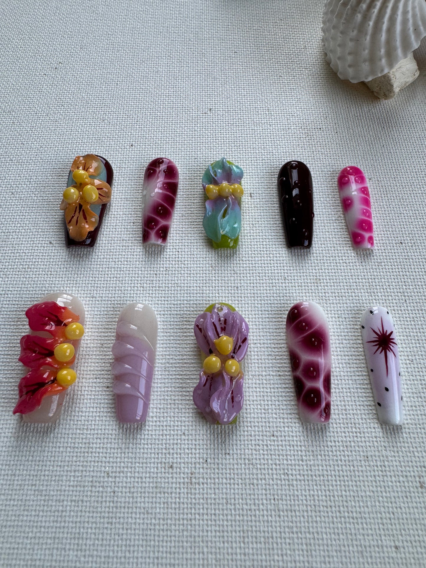 Carnival Flora – 3D Hand-Sculpted Floral Press-On Nails in Vibrant Island Colors