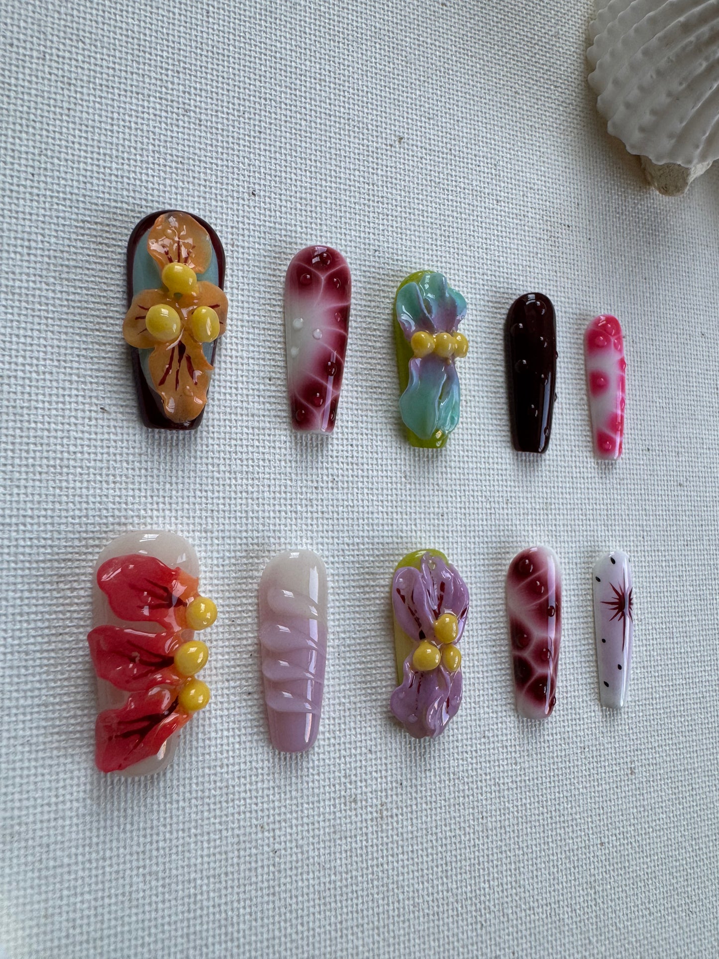 Carnival Flora – 3D Hand-Sculpted Floral Press-On Nails in Vibrant Island Colors