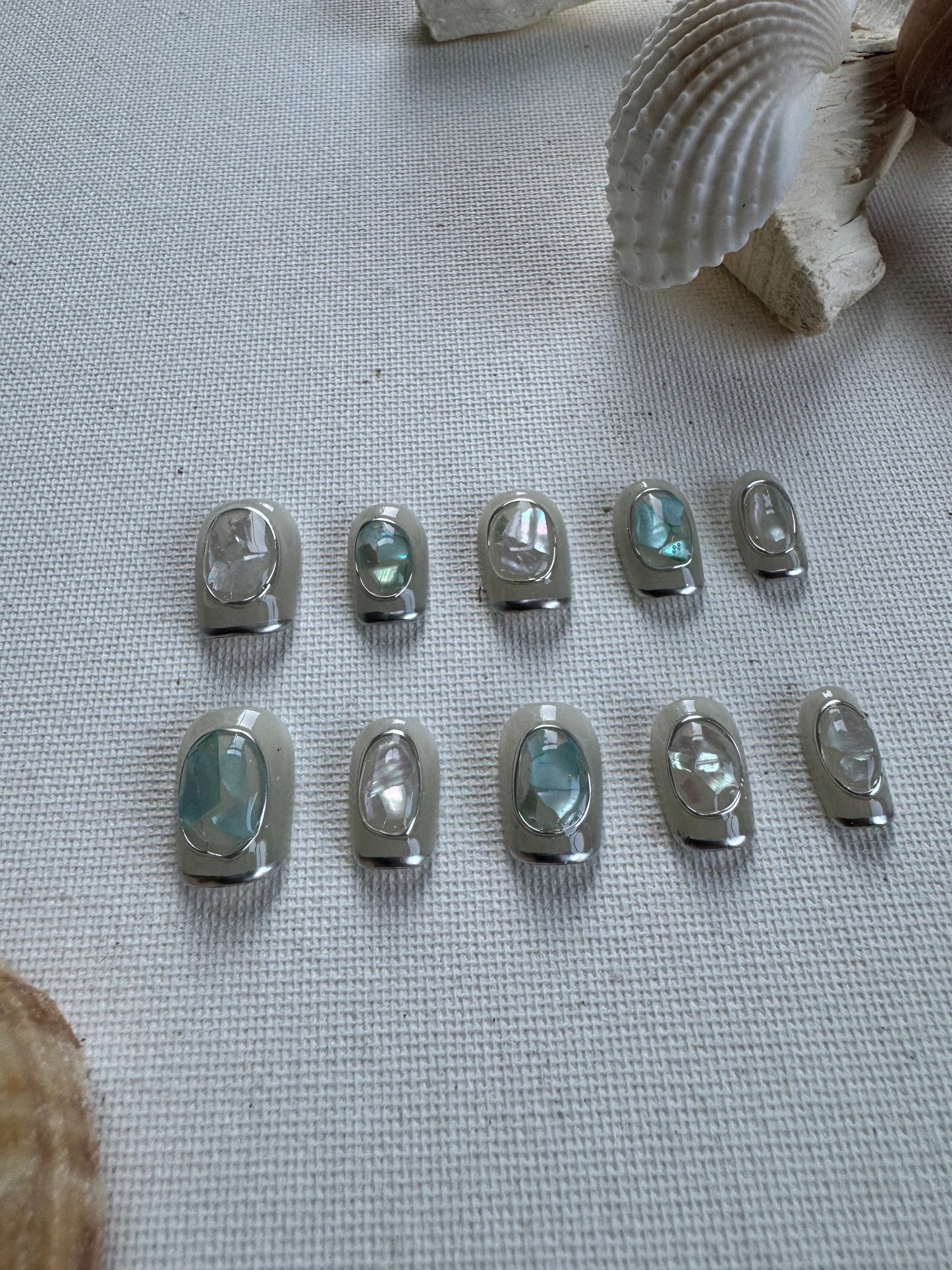 Prism Tide – Iridescent Sheer Nails with 3D Abalone Shell