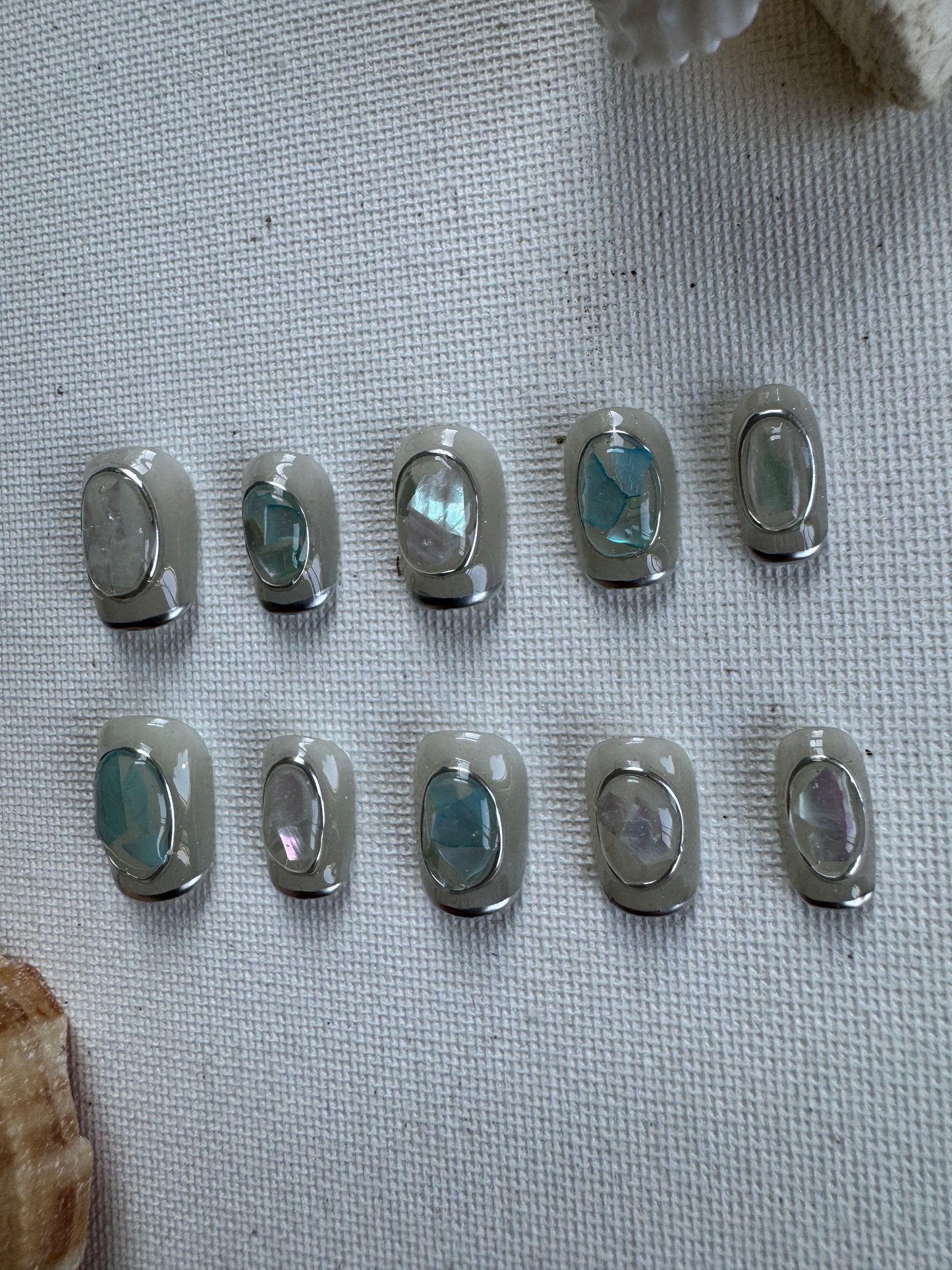 Prism Tide – Iridescent Sheer Nails with 3D Abalone Shell