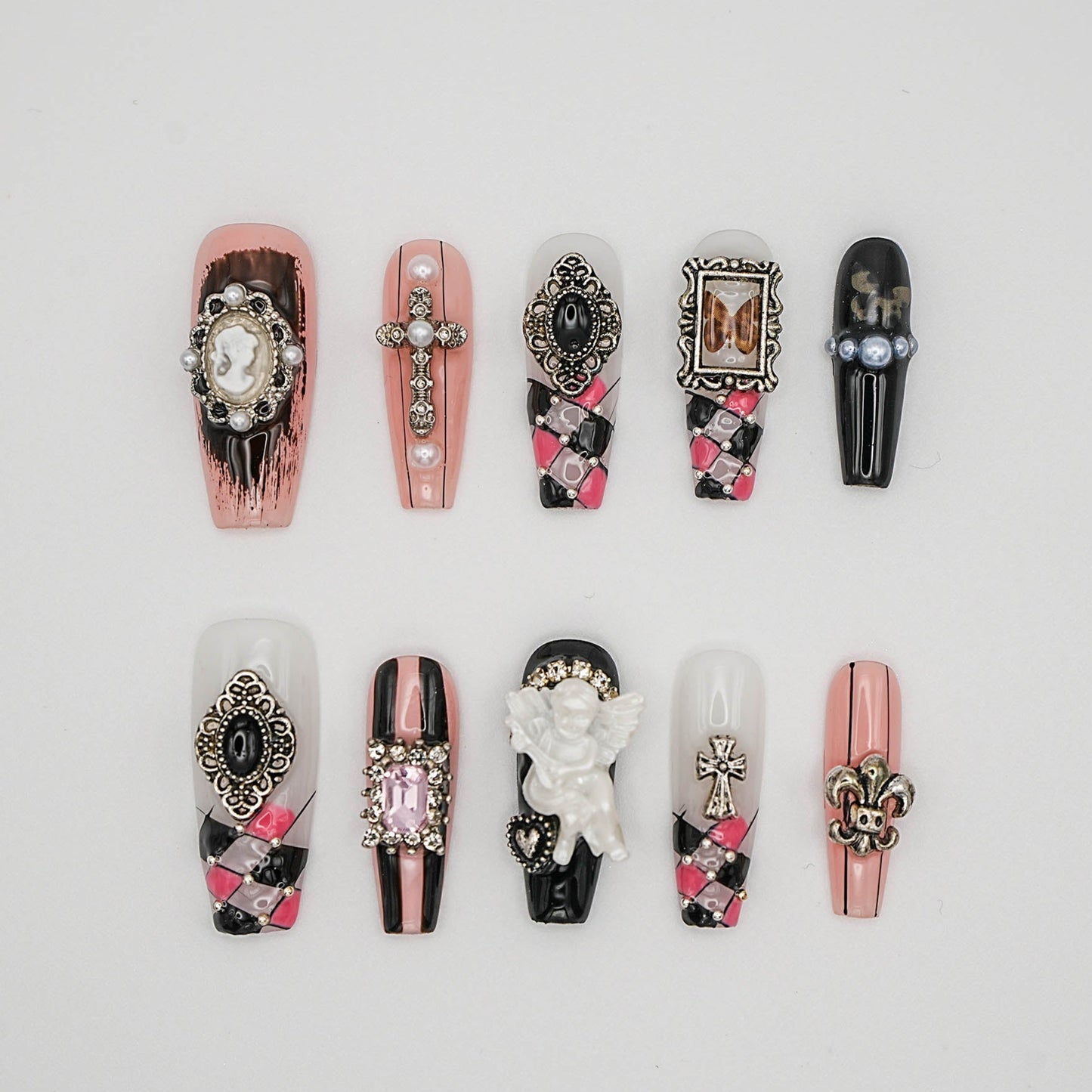 Rococo Gothic Pink & Black Press-On Nails – Vintage Cross & Cameo Design