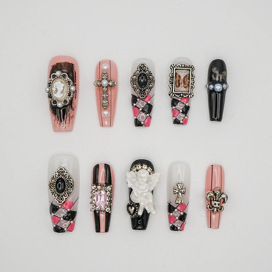 Rococo Gothic Pink & Black Press-On Nails – Vintage Cross & Cameo Design
