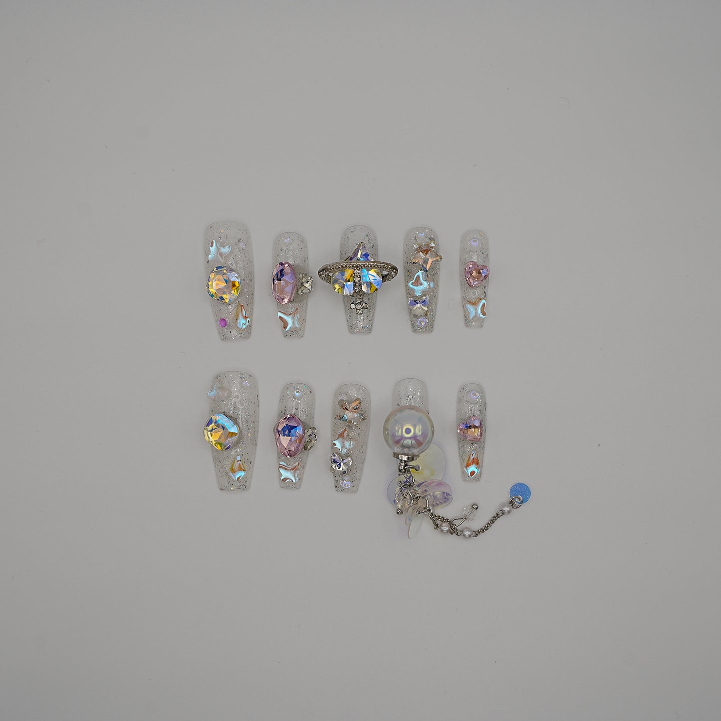 Iridescent Galaxy Press-On Nails – Holographic Charms & Crystal Ball Accent