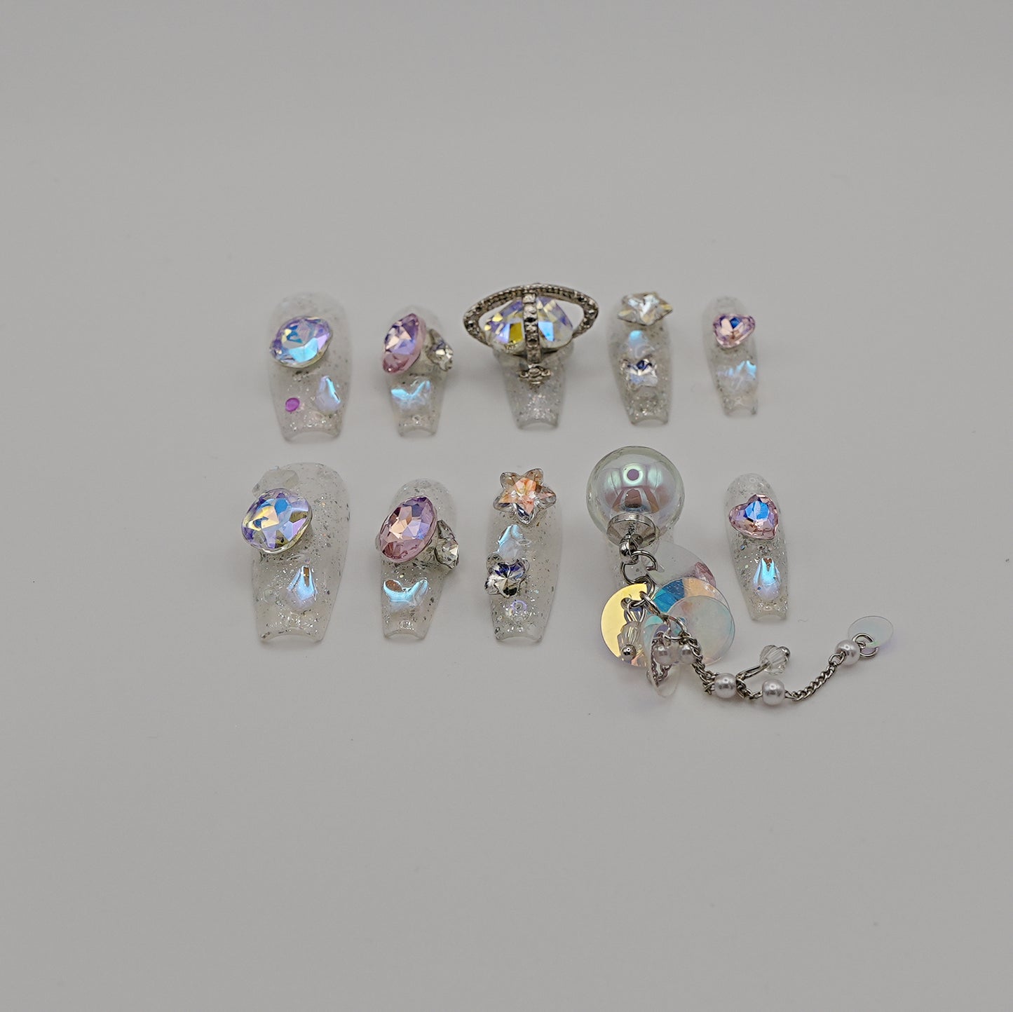 Iridescent Galaxy Press-On Nails – Holographic Charms & Crystal Ball Accent