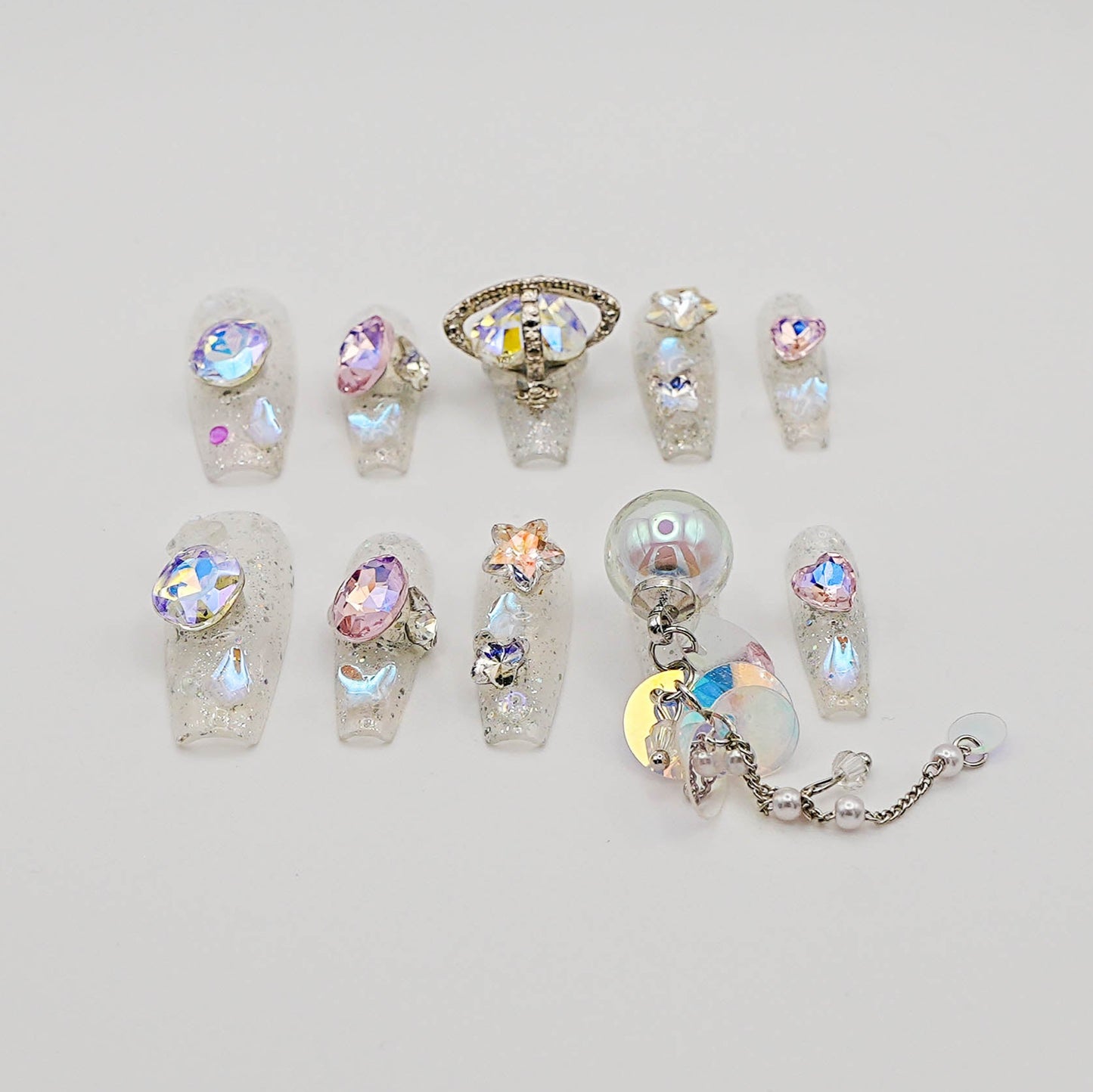 Iridescent Galaxy Press-On Nails – Holographic Charms & Crystal Ball Accent