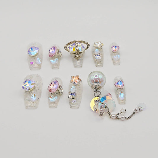 Iridescent Galaxy Press-On Nails – Holographic Charms & Crystal Ball Accent