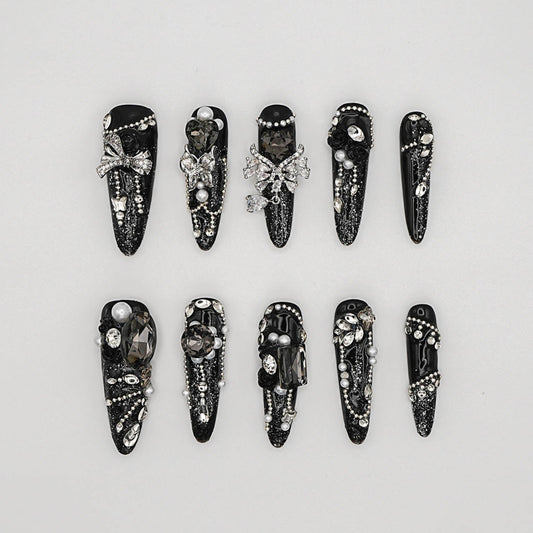 Black Rhinestone Glam Press-On Nails – Luxury Crystal & Bow Design