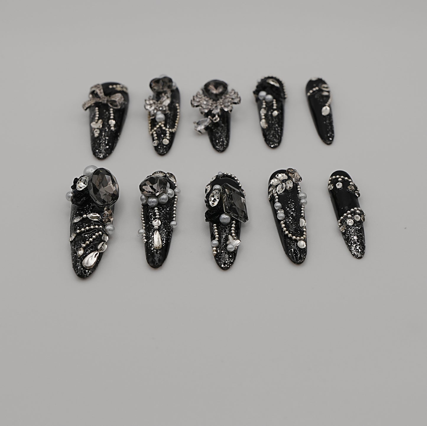 Black Rhinestone Glam Press-On Nails – Luxury Crystal & Bow Design