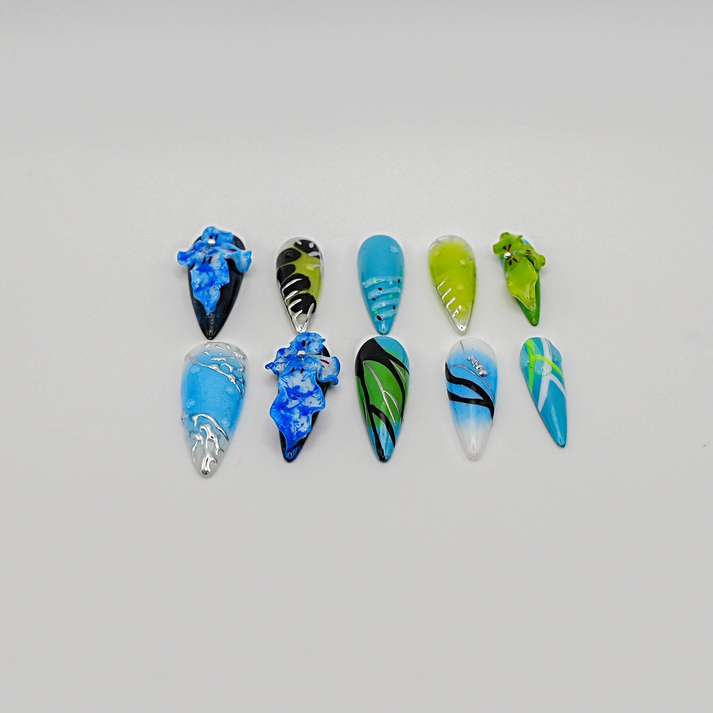 Azure Paradise – Handcrafted 3D Floral Press-Ons in Lagoon Hues