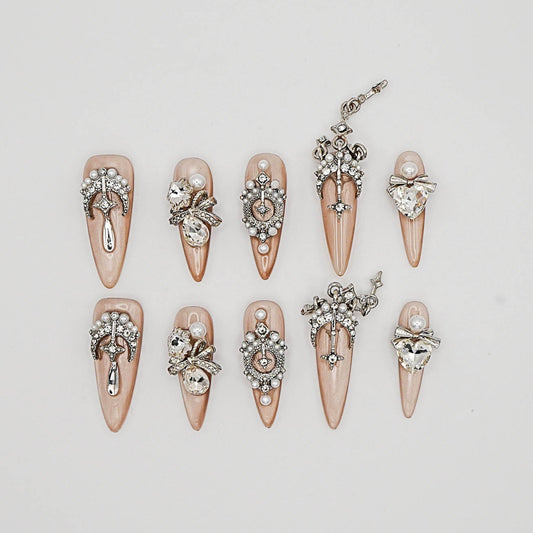 Nude Luxury Crystal Press-On Nails – Champagne Pearl & Gemstone Design