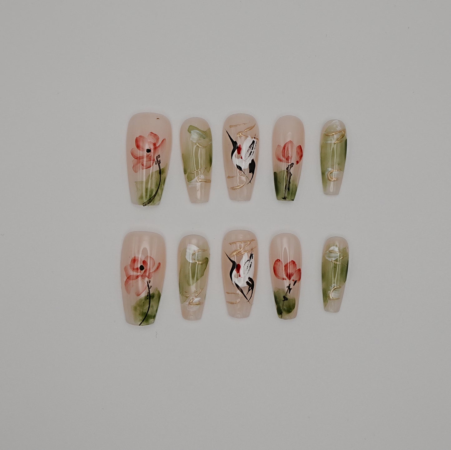 Oriental Crane & Lotus Press-On Nails – Hand-Painted Watercolor Floral Design