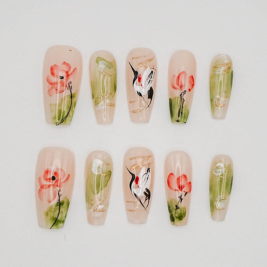 Oriental Crane & Lotus Press-On Nails – Hand-Painted Watercolor Floral Design
