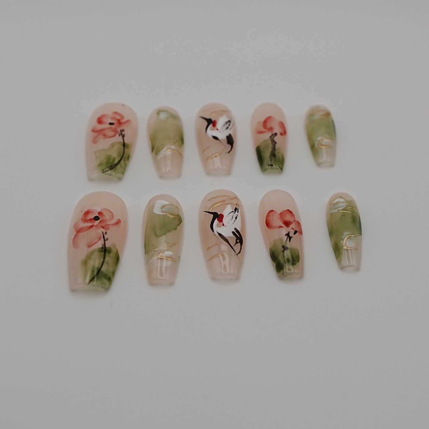 Oriental Crane & Lotus Press-On Nails – Hand-Painted Watercolor Floral Design