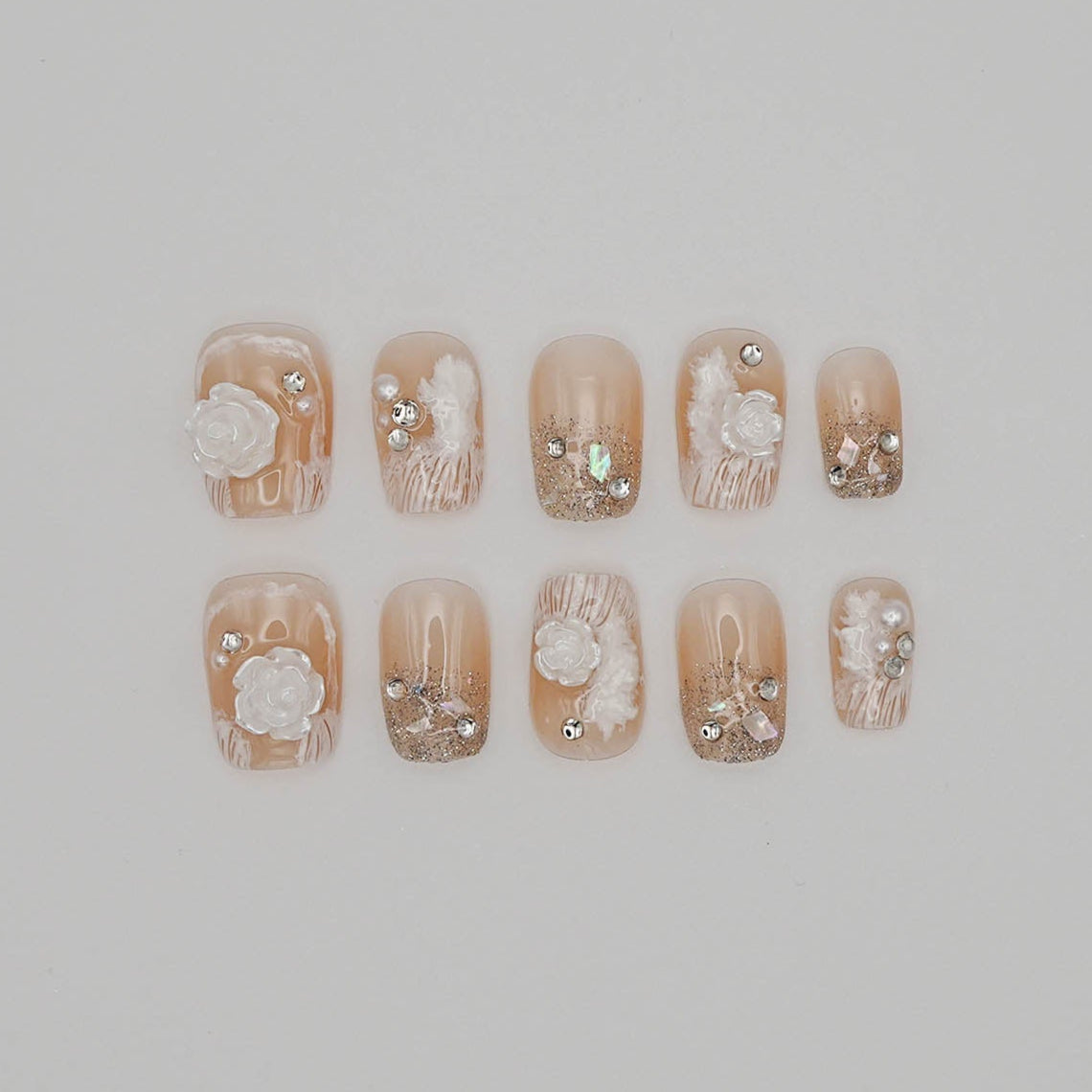 Nude Rose Glitter Press-On Toenails – 3D Flowers & Gold Sparkle Accents