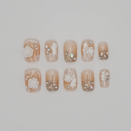 Nude Rose Glitter Press-On Toenails – 3D Flowers & Gold Sparkle Accents