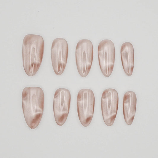 Mocha Satin Cat Eye Press-On Nails – Glossy Brown Magnetic Effect