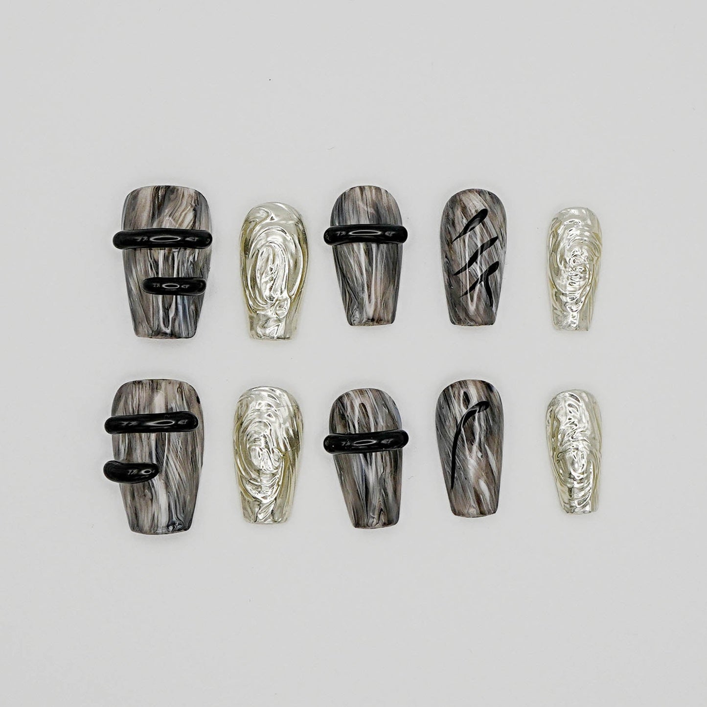 Shadow Gleam – Black & Silver Smoke Press-On Nails with 3D Lines