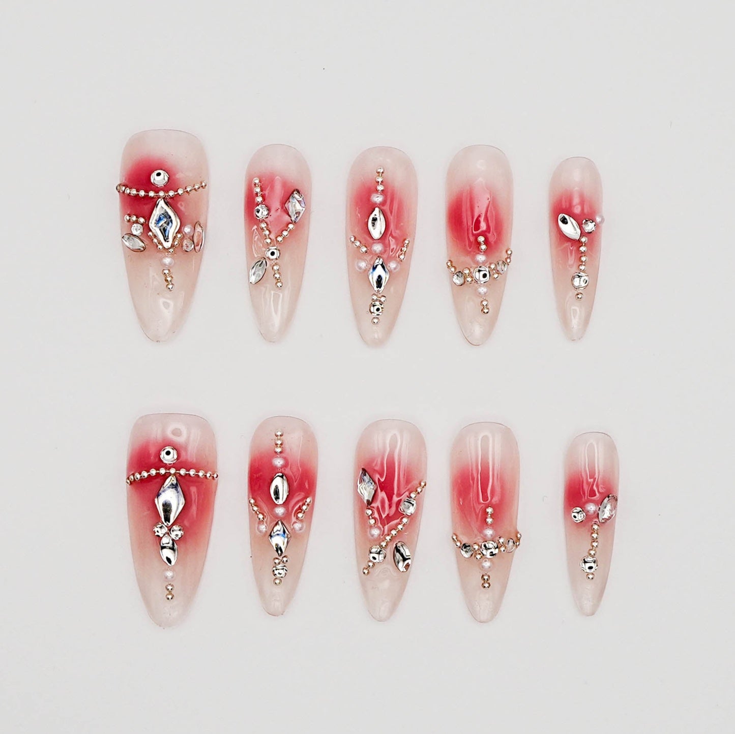 Blush Gradient Press-On Nails with Rhinestone Accents