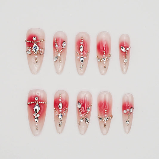 Blush Gradient Press-On Nails with Rhinestone Accents