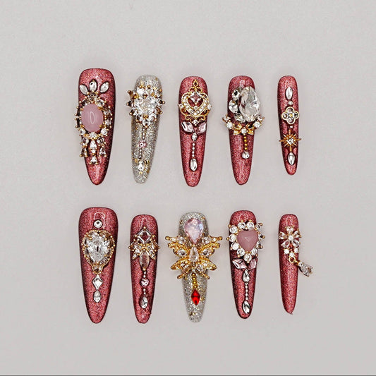 Fairy Queen Press-On Nails – Burgundy Glitter with Royal Gems & Celestial Charms