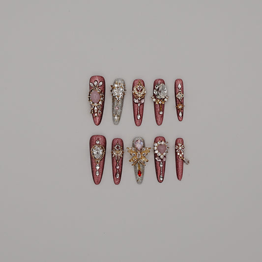 Fairy Queen Press-On Nails – Burgundy Glitter with Royal Gems & Celestial Charms
