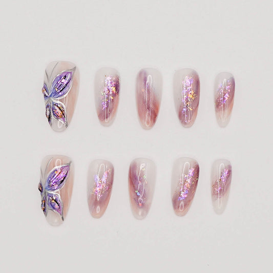 Galaxy Butterfly Cat Eye Press-On Nails – Purple Glitter with 3D Wings