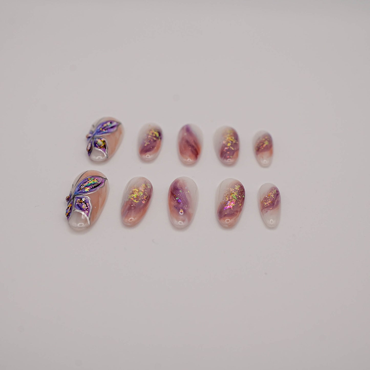 Galaxy Butterfly Cat Eye Press-On Nails – Purple Glitter with 3D Wings