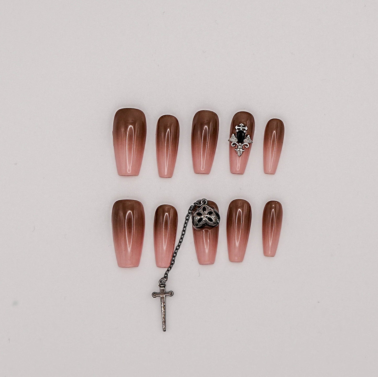 Phantom Fade – Ink Purple Gradient Nails with Skull Design & Dangling Charms