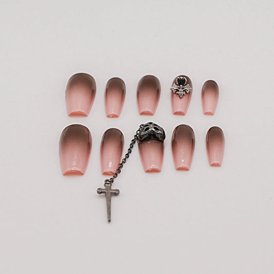 Phantom Fade – Ink Purple Gradient Nails with Skull Design & Dangling Charms