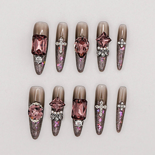 Gothic Gem Press-On Nails – Dark Chrome Glitter with Purple Crystals & Cross Charms