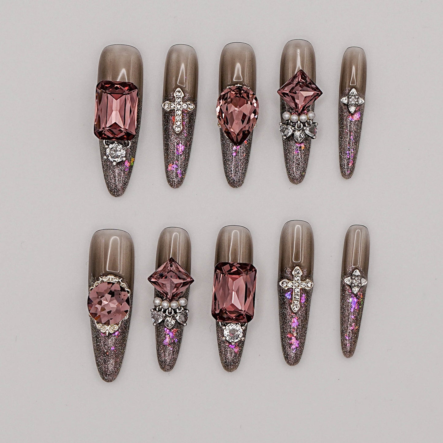 Gothic Gem Press-On Nails – Dark Chrome Glitter with Purple Crystals & Cross Charms