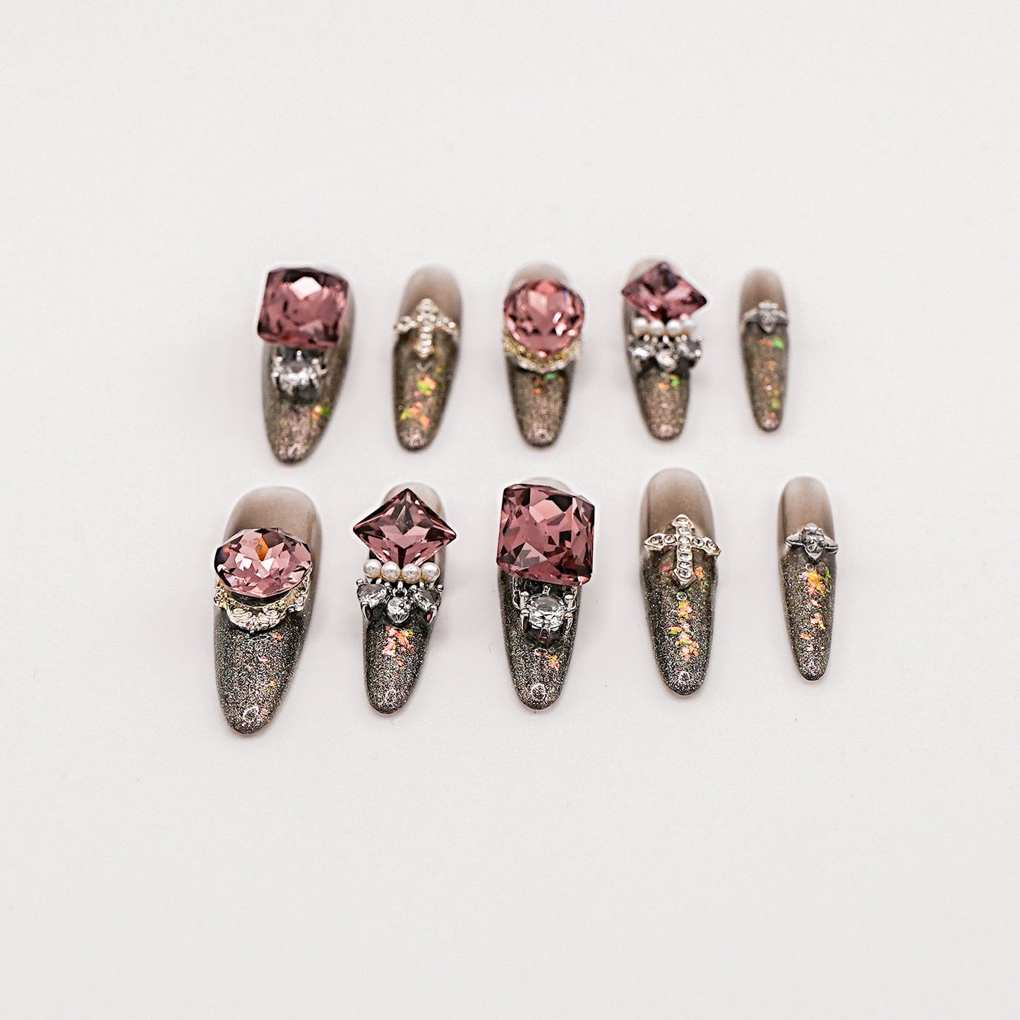 Gothic Gem Press-On Nails – Dark Chrome Glitter with Purple Crystals & Cross Charms