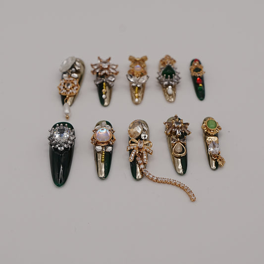 Emerald Majesty Press-On Nails – Forest Green & Gold Luxe with 3D Gemstones
