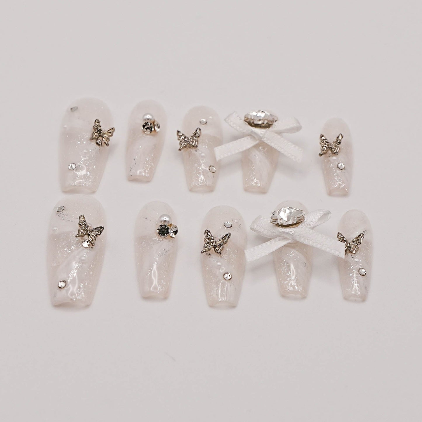 White Shimmer with 3D Bows, Butterflies & Crystals