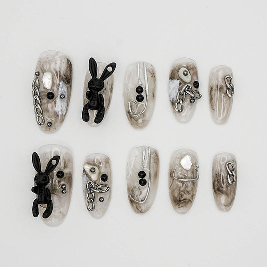 Monochrome Bunny Grunge Press-On Nails – Black & Marble Art with 3D Sculpted Charms