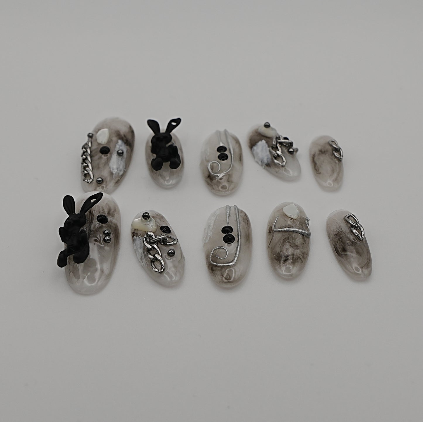 Monochrome Bunny Grunge Press-On Nails – Black & Marble Art with 3D Sculpted Charms