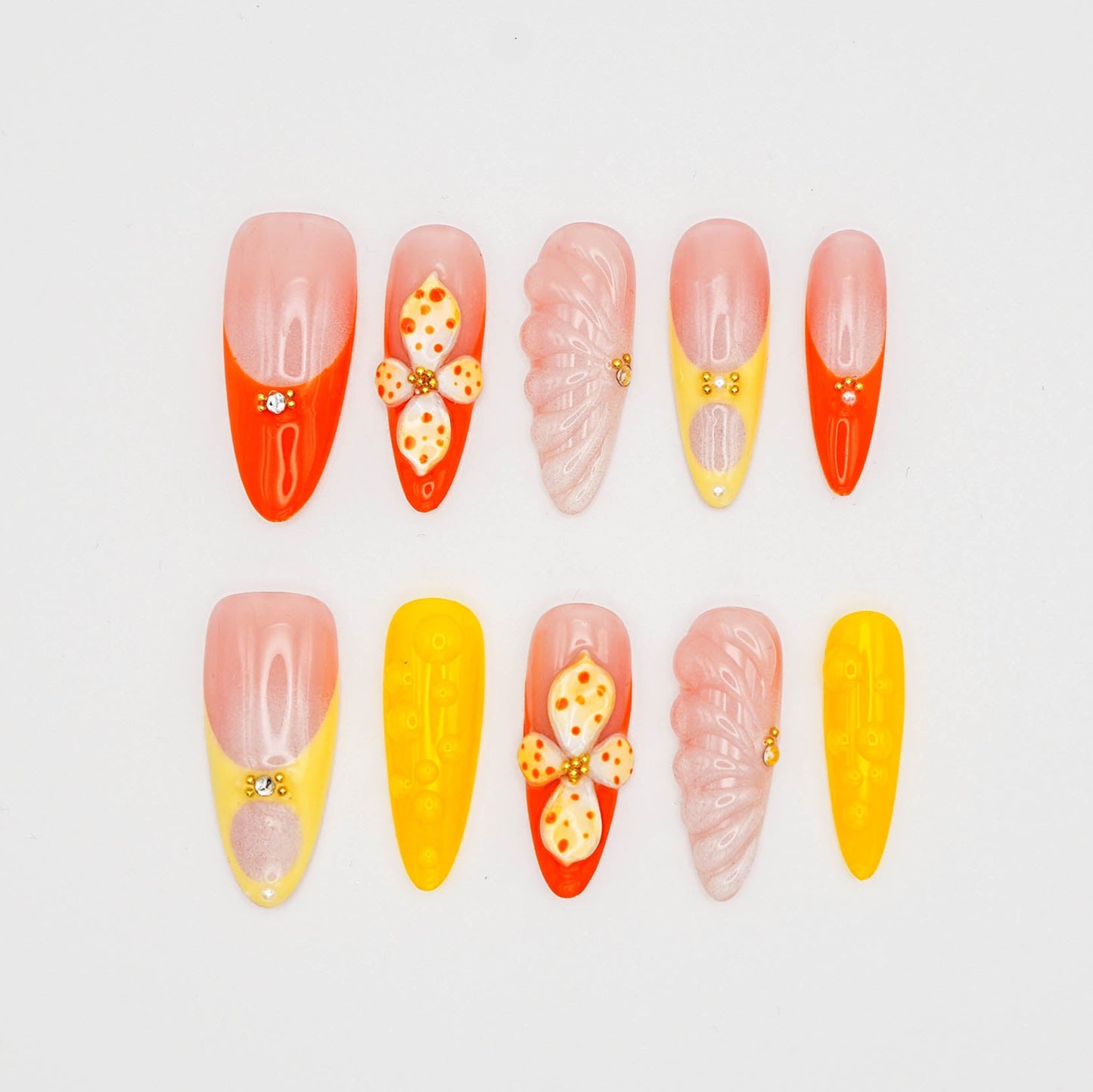 Tropical Starfish Press-On Nails – Sunset Orange, Yellow & Nude Tones with Beachy Vibes