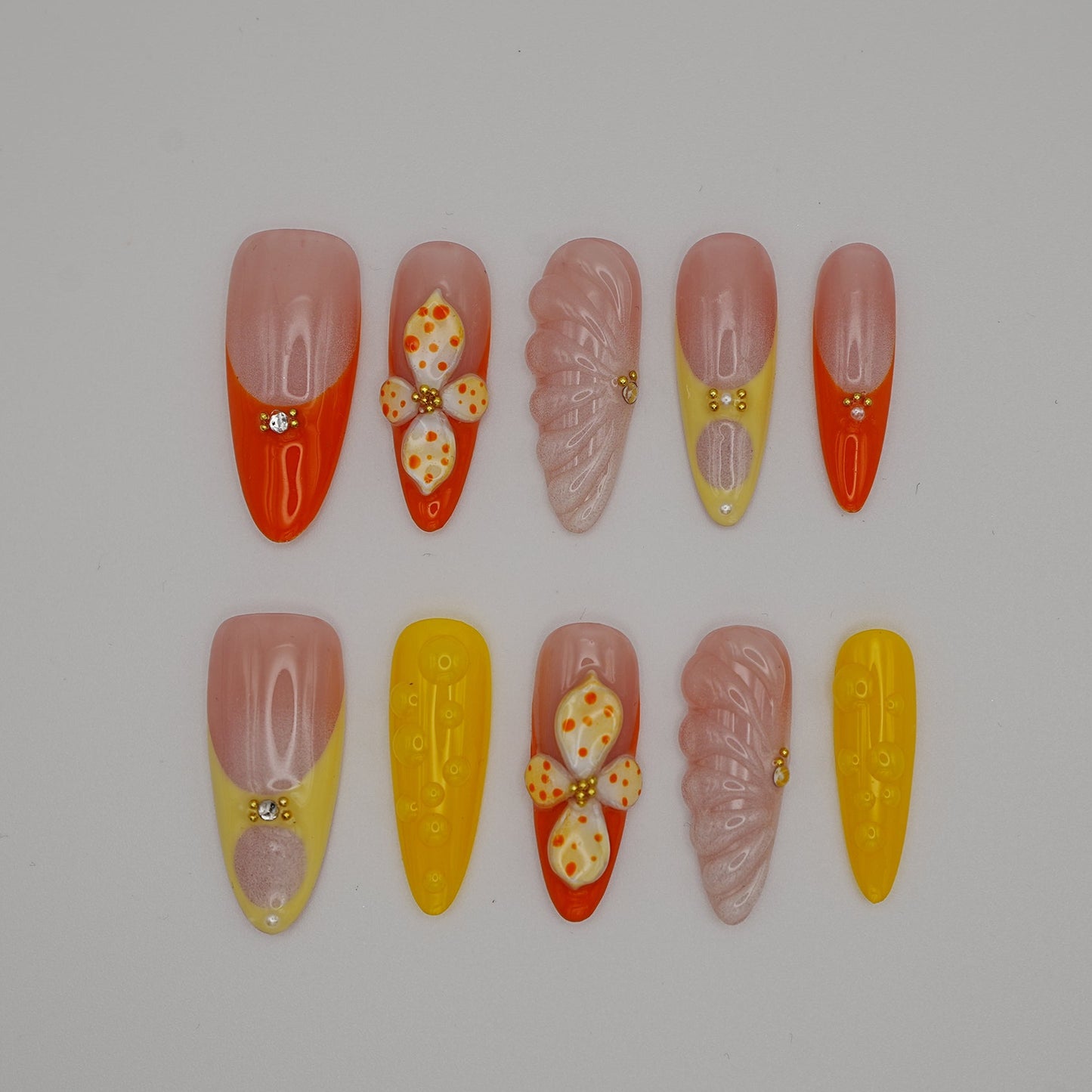 Tropical Starfish Press-On Nails – Sunset Orange, Yellow & Nude Tones with Beachy Vibes