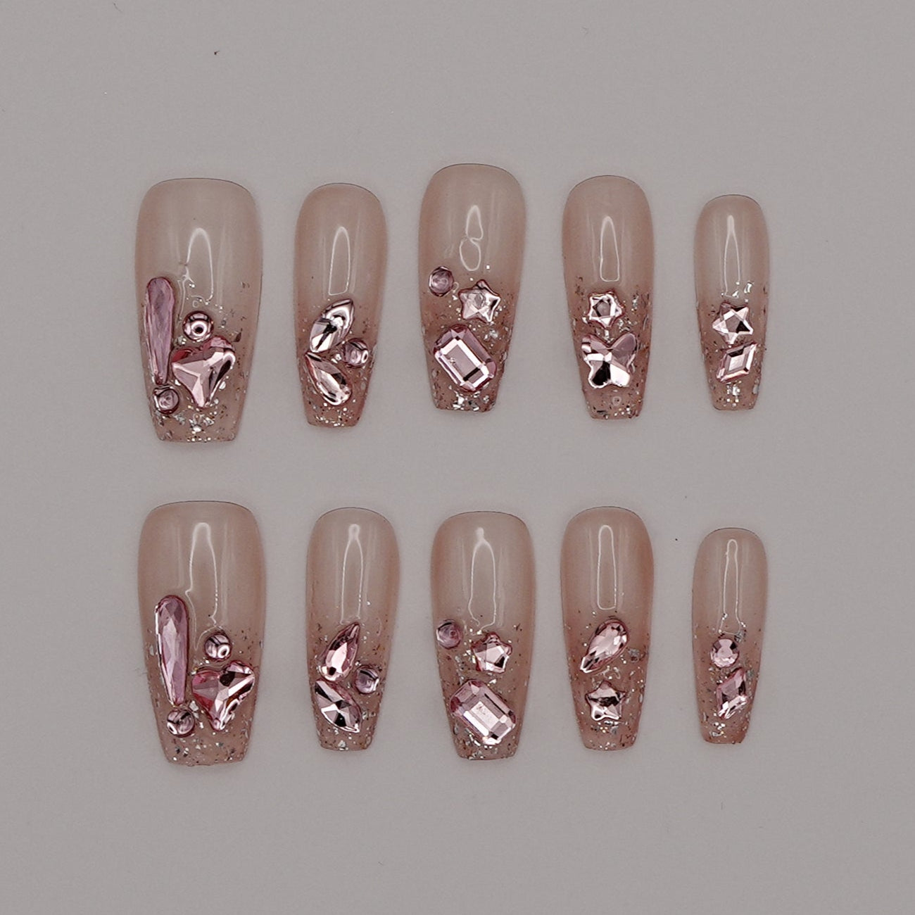 Rosé Crystal Press-On Nails – Nude Jelly Base with Pink Gem Clusters