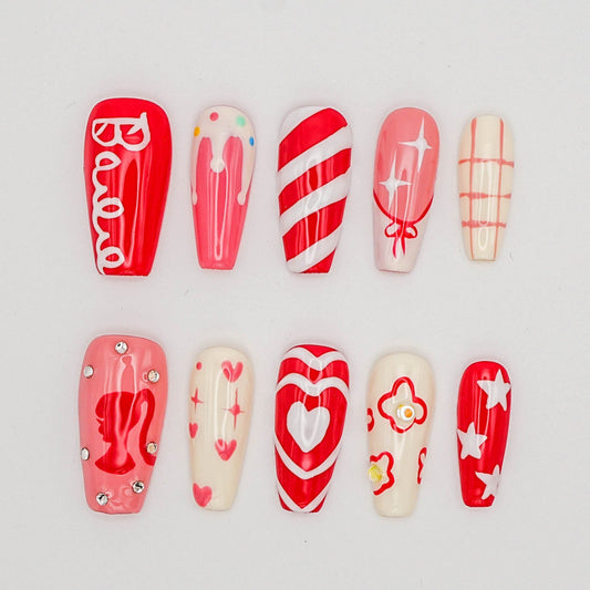 Barbie Pop Press-On Nails – Red & Pink Mix with Hearts, Stripes & Retro Icons