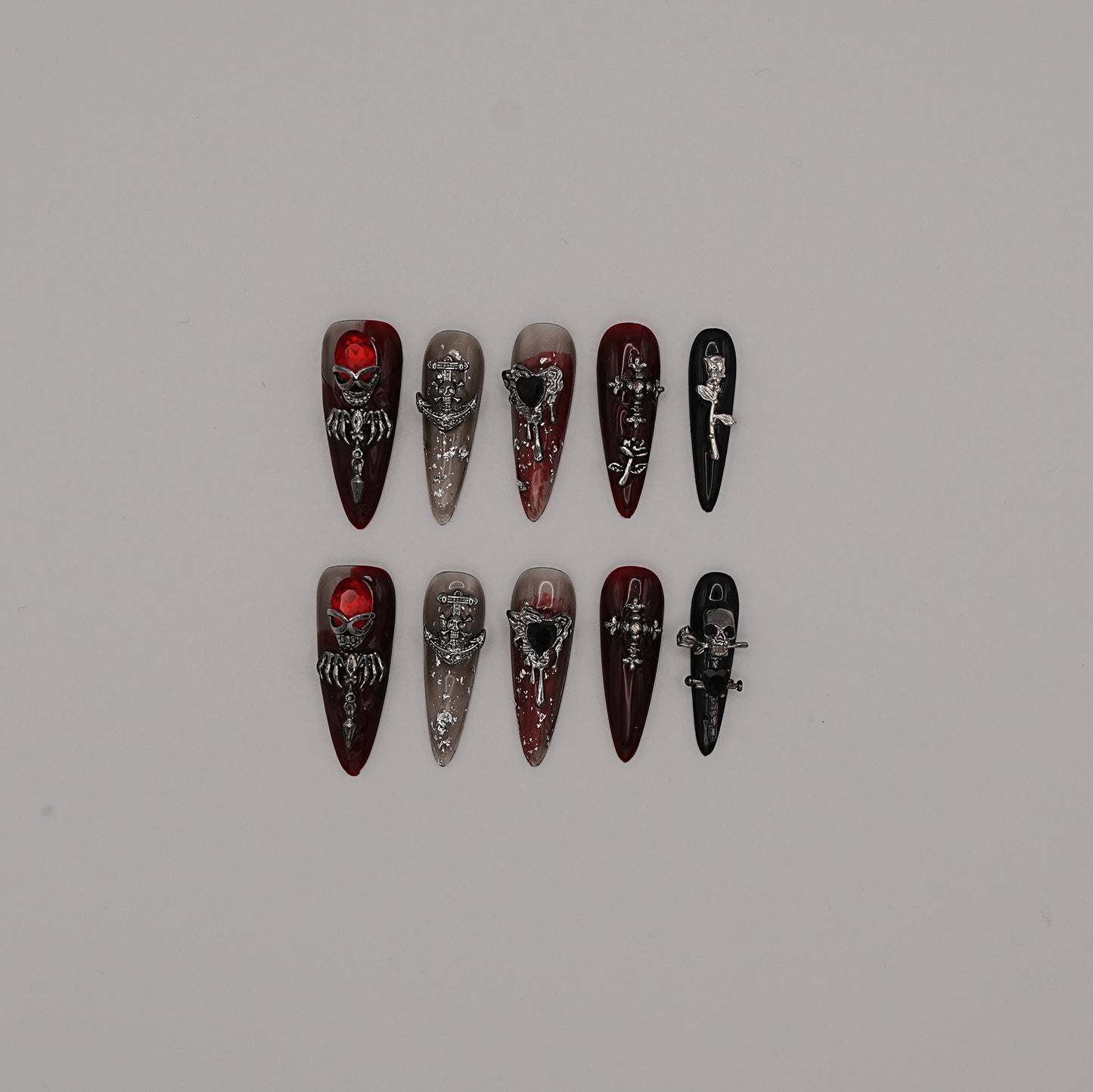 Grave Kiss Press-On Nails – Gothic Black & Red Ombre with Skull & Cross Charms