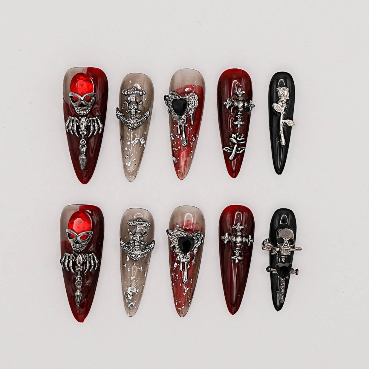Grave Kiss Press-On Nails – Gothic Black & Red Ombre with Skull & Cross Charms