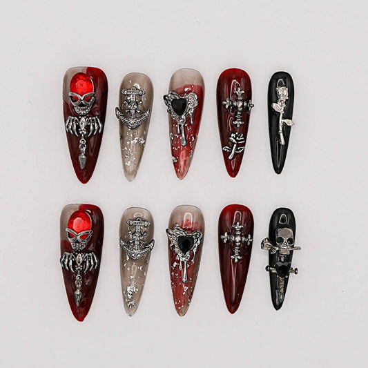 Grave Kiss Press-On Nails – Gothic Black & Red Ombre with Skull & Cross Charms