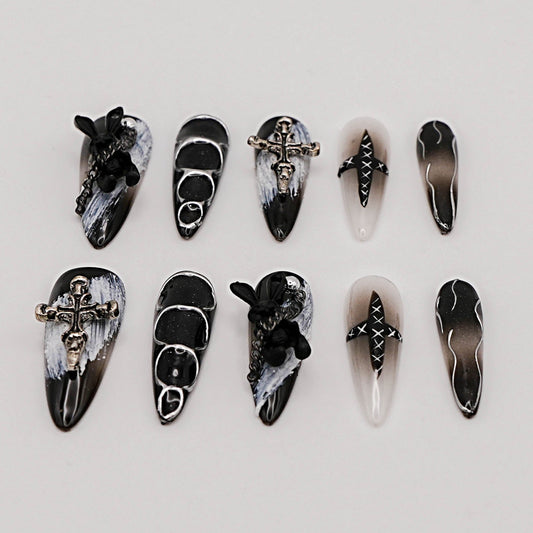 Stitched Cross Press-On Nails – Gothic Gradient Black with Chains & 3D Details