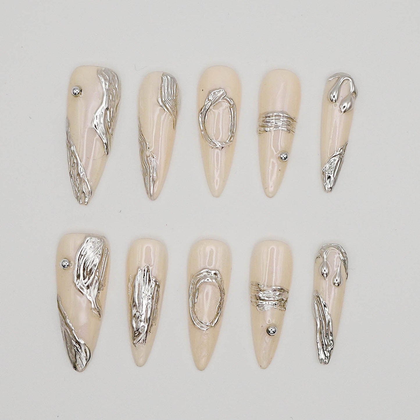 Molten Metal Press-On Nails – Nude Chrome Abstract Sculptural Design